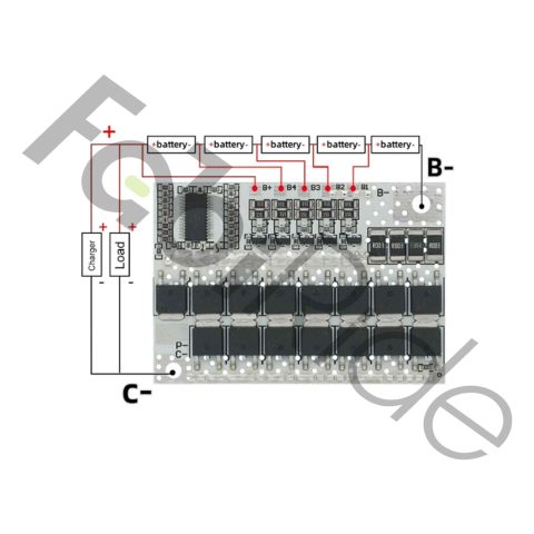 BMS 5S 18V 100A apsaugos plokštė Li-ion paketams su balansavimo laidais ir B1–B5 gnybtais, vaizdas iš viršaus