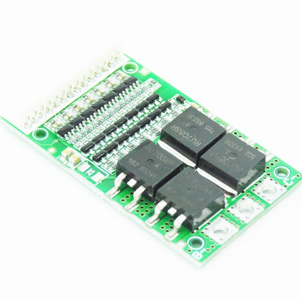 BMS 6S–13S 25A apsaugos plokštė iš šono, matomi 31,5 x 55,1 mm matmenys ir MOSFET tranzistoriai